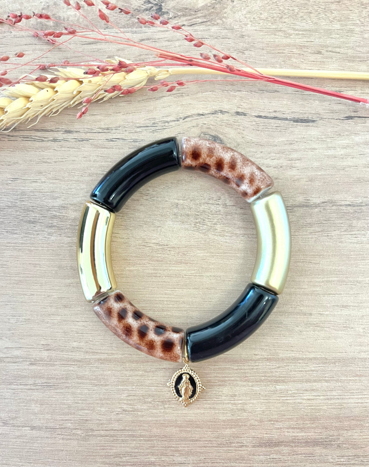 Bracelet noir/léopard/doré ✨